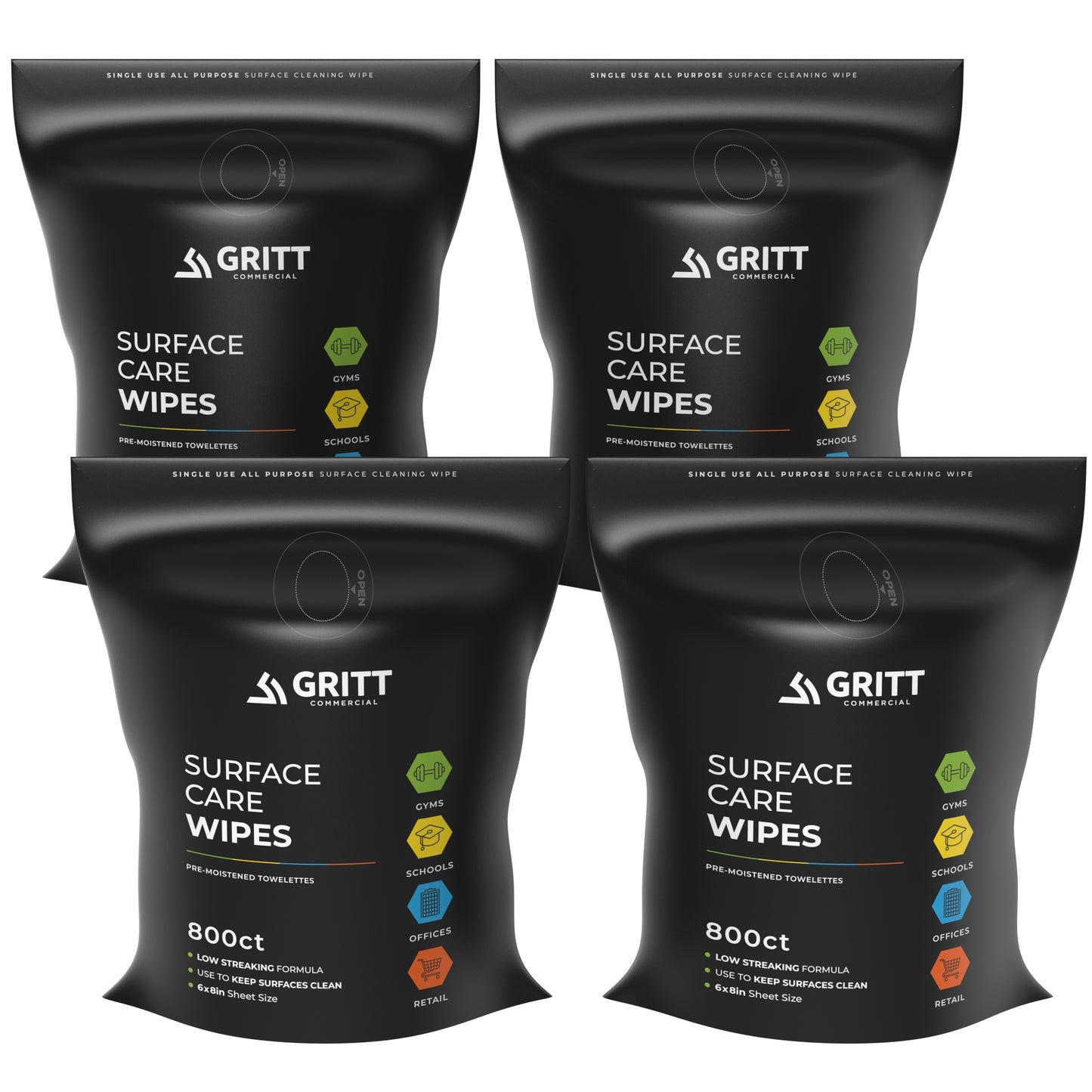 Gritt Commercial 6" x 8" 800-Count Premium Surface Care All-Purpose Cleaner Wipes Refill Bag - 4/Case